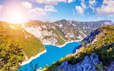 verano, lago, montañas, montaña, paisaje, roca, Montenegro, Lago Piva