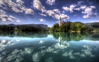Slovenya, yaz, Mavi Gökyüzü, göl, bulutlar, ada, orman, HDR Bled
