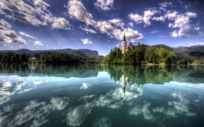 Slovenia, summer, blue sky, lake, clouds, Bled island, forest, HDR