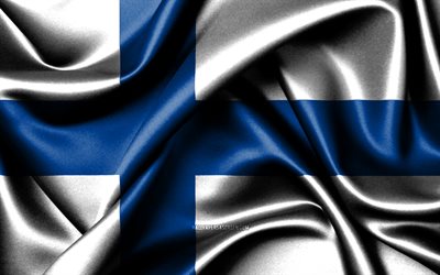finlandiya bayrağı, 4k, avrupa ülkeleri, kumaş bayraklar, finlandiya günü, dalgalı ipek bayraklar, avrupa, fin ulusal sembolleri, finlandiya
