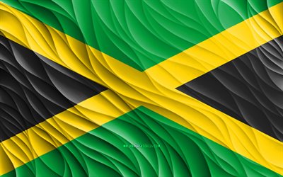 4k, علم جامايكا, أعلام 3d متموجة, دول أمريكا الشمالية, يوم جامايكا, موجات ثلاثية الأبعاد, الرموز الوطنية الجامايكية, جامايكا