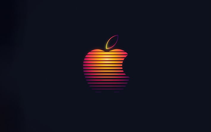 appleロゴ, 4k, 灰色の背景, 3dアップルエンブレム, 3dアップルロゴ, クリエイティブな3dアート, アップル