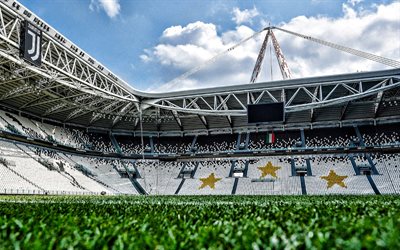 Juventus Stadium, Turin, inside view, football field, stands, Juventus FC logo, lo Stadium, Allianz Stadium, football turf, football, Italy