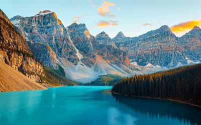 4k, मोराइन झील, सूर्यास्त, गर्मी, पहाड़ों, बानफ नेशनल पार्क, यात्रा अवधारणा, नीली झीलें, कनाडा, अल्बर्टा, banff, कनाडा के स्थलचिह्न