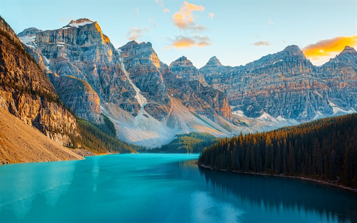 4k, moraine lake, auringonlasku, kesä, vuoret, banff national park, matkailukonseptit, siniset järvet, kanada, alberta, banff, kanadan maamerkit