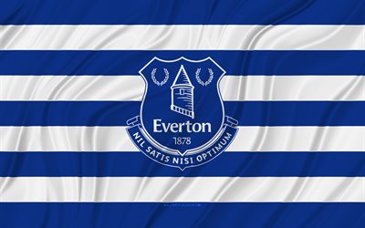 everton fc, 4k, sininen valkoinen aaltoileva lippu, premier league, jalkapallo, 3d kangasliput, everton lippu, everton logo, englantilainen jalkapalloseura, fc everton