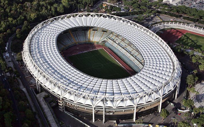 4k, stadio olimpico, vista dall alto, esterno, roma, italia, as roma stadium, stadio ss lazio, stadi di calcio, calcio