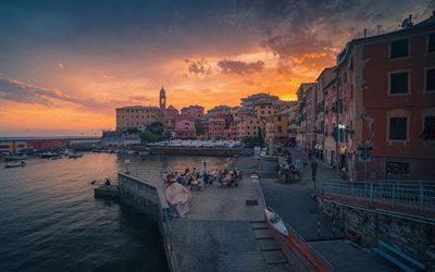 Genoa, evening, sunset, Ligurian coast, promenade, sea, Genoa cityscape, Liguria, Italy