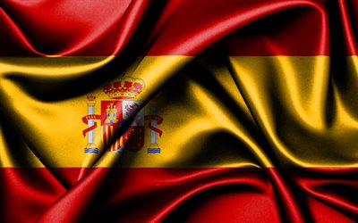 Spanish flag, 4K, European countries, fabric flags, Day of Spain, flag of Spain, wavy silk flags, Spain flag, Europe, Spanish national symbols, Spain