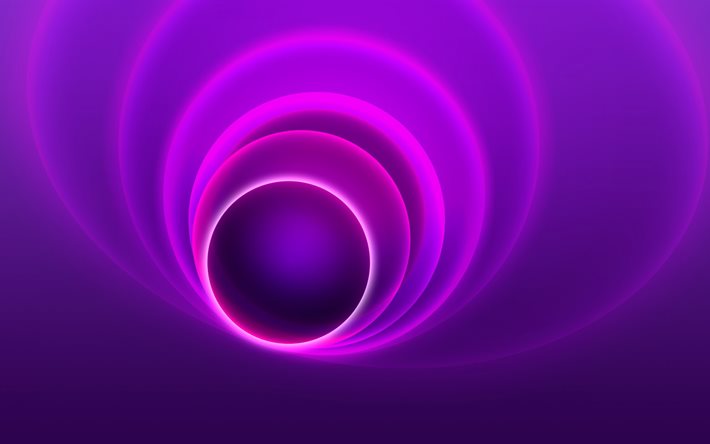 円, ネオン, 4k, 紫色の背景