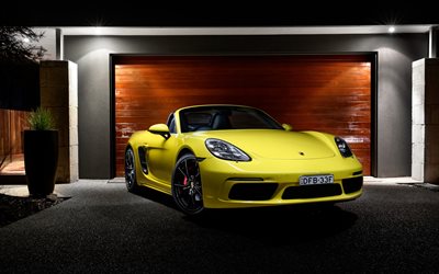 night, 2017, Porsche 718 Boxster, supercars, yellow Porsche