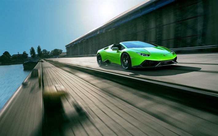 Lamborghini Huracan Spyder, 2016, desenfoque de movimiento, el puerto, la afinación, Novitec Torado, supercars, verde huracan
