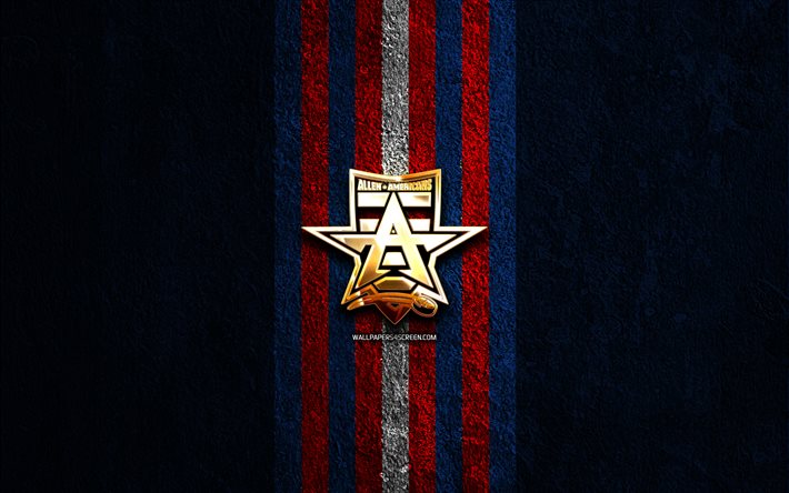 logo d oro allen americans, 4k, sfondo di pietra blu, echl, squadra di hockey americana, logo allen americans, hockey, allen americans