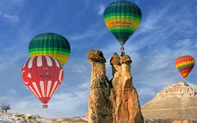 Goreme, Cappadocia, balloons, Turkish Flag, fairy chimney, Capadocia, balloons in the sky, Turkey
