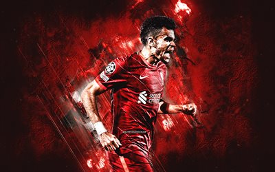 Luis Diaz, Liverpool FC, Colombian football player, red stone background, Premier League, England, football, Luis Diaz Liverpool