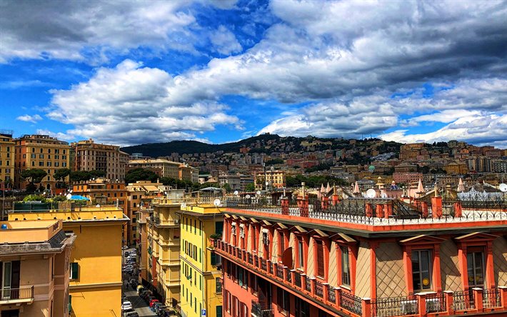 जेनोआ, 4k, गर्मी, क्षितिज शहर के दृश्य, इतालवी शहर, रंगीन इमारतें, लिगुरिया, इटली, यूरोप, जेनोआ शहर का दृश्य