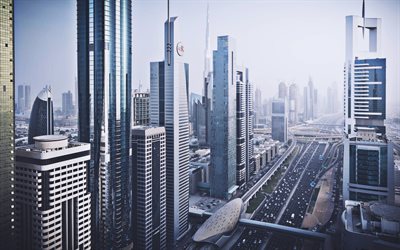दुबई, सड़क, गगनचुंबी इमारतों, आधुनिक इमारतों, संयुक्त अरब अमीरात, दुबई के साथ तस्वीरें, आधुनिक वास्तुकला, दुबई शहर का दृश्य, दुबई रात में