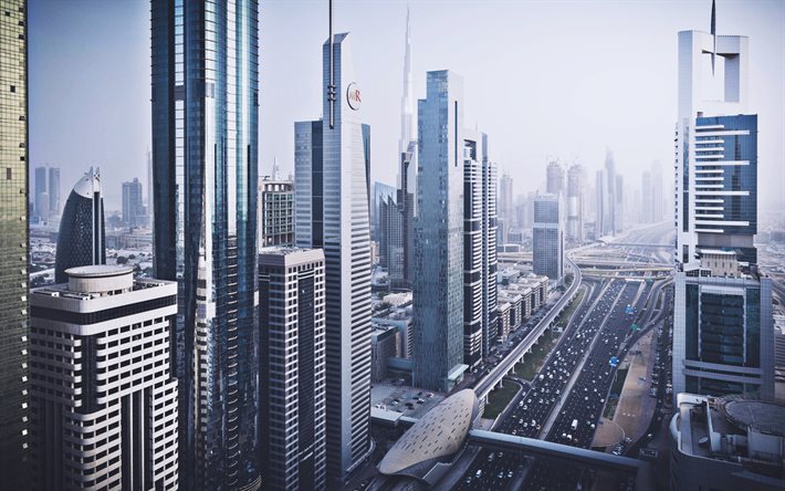 dubai, strada, grattacieli, edifici moderni, emirati arabi uniti, foto con dubai, architettura moderna, paesaggio urbano di dubai, dubai di notte