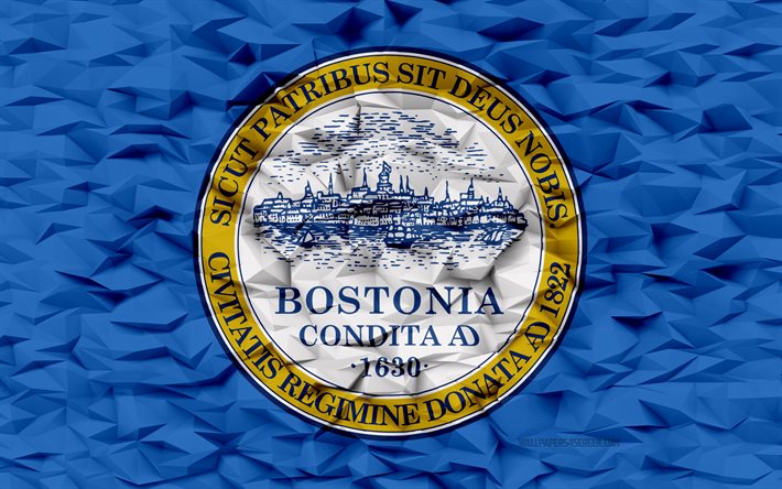 علم بوسطن, ماساتشوستس, 4k, المدن الأمريكية, 3d المضلع الخلفية, 3d المضلع الملمس, يوم بوسطن, 3d علم بوسطن, الرموز الوطنية الأمريكية, فن ثلاثي الأبعاد, بوسطن, الولايات المتحدة الأمريكية