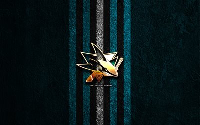 San Jose Sharks golden logo, 4k, blue stone background, NHL, american hockey team, National Hockey League, San Jose Sharks logo, hockey, San Jose Sharks