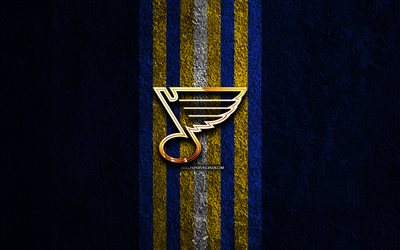 St Louis Blues golden logo, 4k, blue stone background, NHL, american hockey team, National Hockey League, St Louis Blues logo, hockey, St Louis Blues