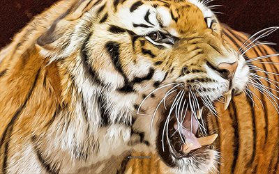 tiger, 4k, vektor, rasande best, teckningar av tigrar, raserikoncept, tigrar, rovdjur
