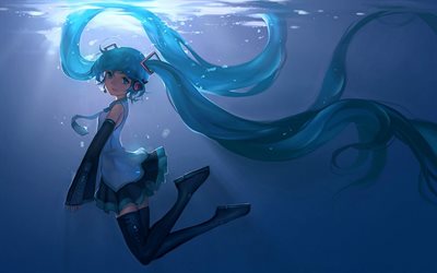 Vocaloid, Hatsune Miku, पानी के नीचे, नीले बाल