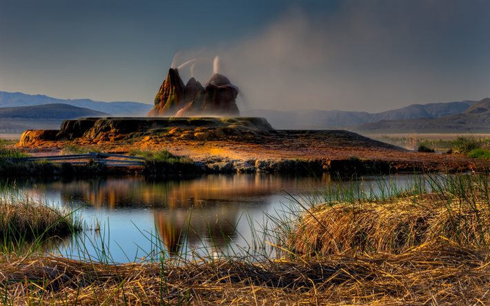 Fly geyser, lake, mountains, Nevada, America, USA