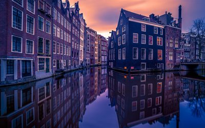 Amsterdam, kanallar, evler, akşam şehir, Holland, Hollanda