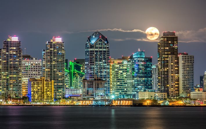 San Diego, rascacielos, ciudad por la noche, la luna, California, estados unidos, USA