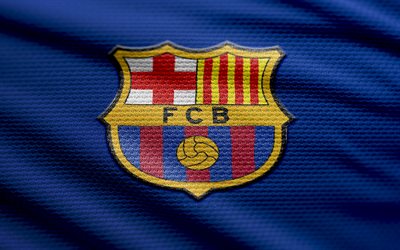 4k, fc barcelona kumaş logosu, mavi kumaş arka plan, laliga, futbol, fc barcelona logosu, fcb, fc barcelona amblemi, fc barcelona, fcb logosu, barcelona fc