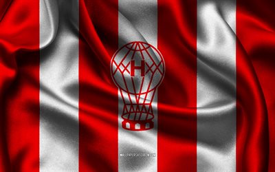 4k, CA Huracan logo, red white silk fabric, Argentina football team, CA Huracan emblem, Argentina Primera Division, CA Huracan, Argentina, football, CA Huracan flag, soccer, Huracan FC