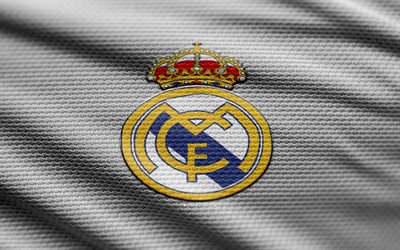 4k, logo en tissu du real madrid, fond de tissu blanc, la ligue, football, logo du real madrid, emblème du real madrid, club de football espagnol, real madrid cf, real madrid fc