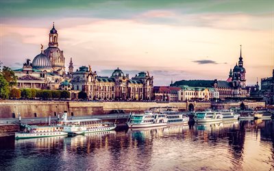 Dresden, evening, sunset, Frauenkirche, Elbe river, Dresden landmarks, Dresden cityscape, Germany
