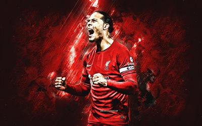 Virgil van Dijk, Liverpool FC, Dutch football player, portrait, red stone background, Premier League, England, football