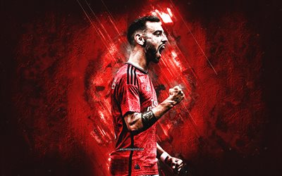 Bruno Fernandes, Manchester United FC, Portuguese football player, midfielder, red stone background, Portugal, football