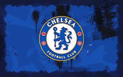 chelsea grunge  logo, 4k, premier league, blauer grunge  hintergrund, fußball, chelsea emblem, chelsea logo, englischer fußballverein, chelsea fc