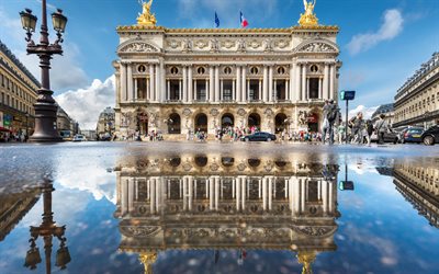 Paris, France, opera, theater, puddle, reflection