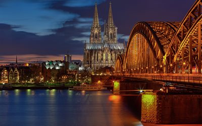 Colonia, ponte, notte, Cattedrale di Colonia, Germania