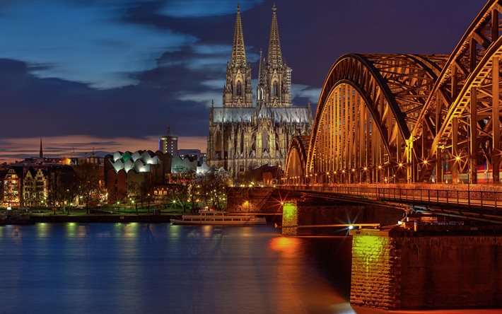 Köln, köprü, gece, Köln Katedrali, Almanya