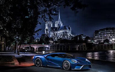 ford gt, 2017, noite, supercarros, azul ford
