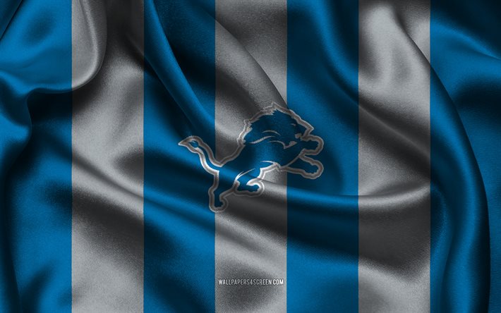 4k, logotipo do detroit lions, tecido de seda cinza azul, time de futebol americano, emblema do detroit lions, nfl, eua, futebol americano, bandeira do detroit lions