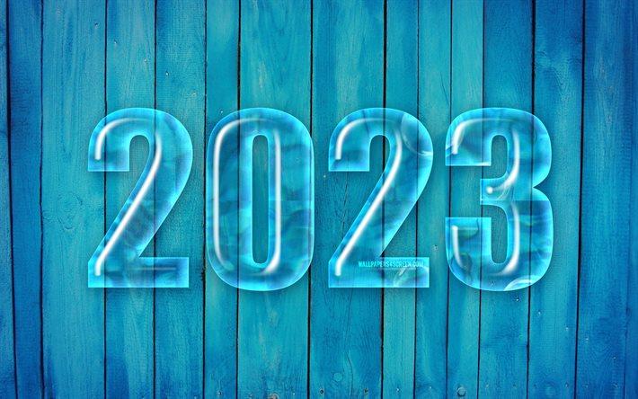 2023 hyvää uutta vuotta, 4k, siniset lasinumerot, 2023 konseptit, luova, 2023 3d numerot, 2023 lasinumeroa, hyvää uutta vuotta 2023, 2023 sininen tausta, 2023 vuosi