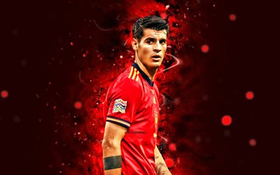 Alvaro Morata, 4k, red neon lights, Spain National Team, soccer, footballers, red abstract background, spanish football team, Alvaro Morata 4K