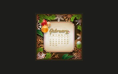 February 2023 Calendar, 4k, Christmas frame, Christmas balls, 2023 concepts, February, 2023 calendars, 2023 February Calendar, 2023 template