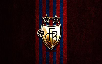 fc バーゼルの金色のロゴ, 4k, 赤い石の背景, スイス・スーパーリーグ, スイス サッカー クラブ, fcバーゼルのロゴ, サッカー, fc バーゼルのエンブレム, fcバーゼル, フットボール, バーゼル fc