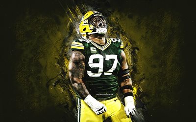 Kenny Clark, Green Bay Packers, NFL, yellow stone background, american football player, USA, National Football League, american football