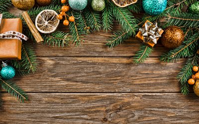 feliz navidad, fondo marrón de madera, árbol de navidad, marco de navidad, plantilla de tarjeta de navidad, bolas de navidad con purpurina dorada, fondo de navidad