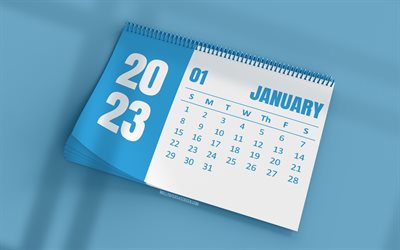 calendrier janvier 2023, 4k, calendrier de bureau bleu, art 3d, arrière plans bleus, janvier, calendriers 2023, calendriers d'hiver, calendrier de janvier 2023, calendriers de bureau 2023