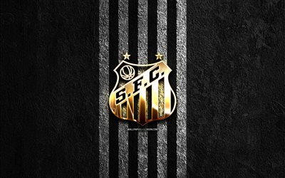 santos fc gyllene logotyp, 4k, svart sten bakgrund, brasilianska serie a, brasiliansk fotbollsklubb, santos fc logotyp, fotboll, santos fc emblem, sfc, santos fc